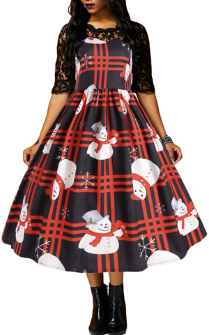 BY610920-3 VINTAGE SNOWMAN PLAID CHRISTMAS PRINT FLARED DRESS